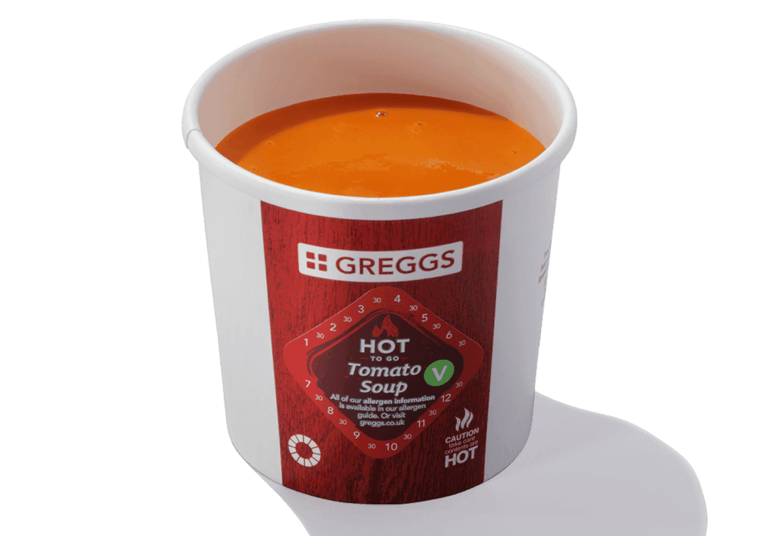 Greggs Tomato Soup in bowl with spoon